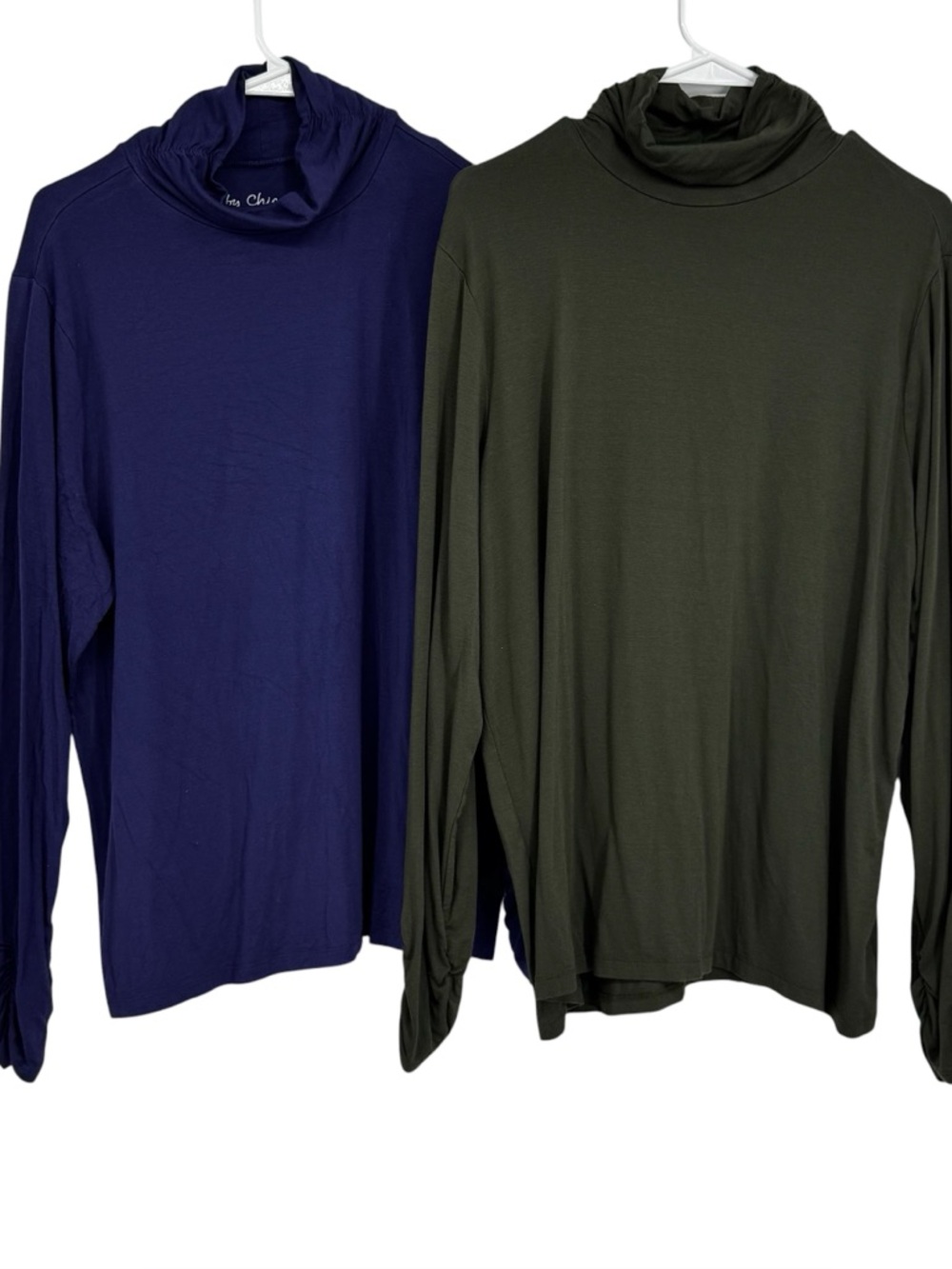 Lot of 2 Chico’s Size 3 (Reg 16) Purple & Olive Green Rayon/Spandex Turtlenecks